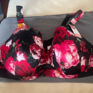 Cacique Black and Pink Floral Bra